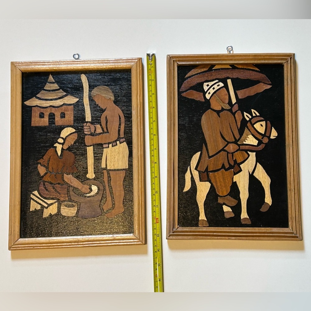 Vintage Wood Inlay Folk Art Wall Hangings Primative 13x9